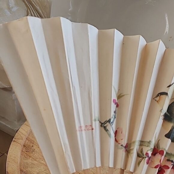 Vintage Paper Chinese and Wood Bird and Floral Fan Romantic Feminine Coquette - Picture 3 of 16
